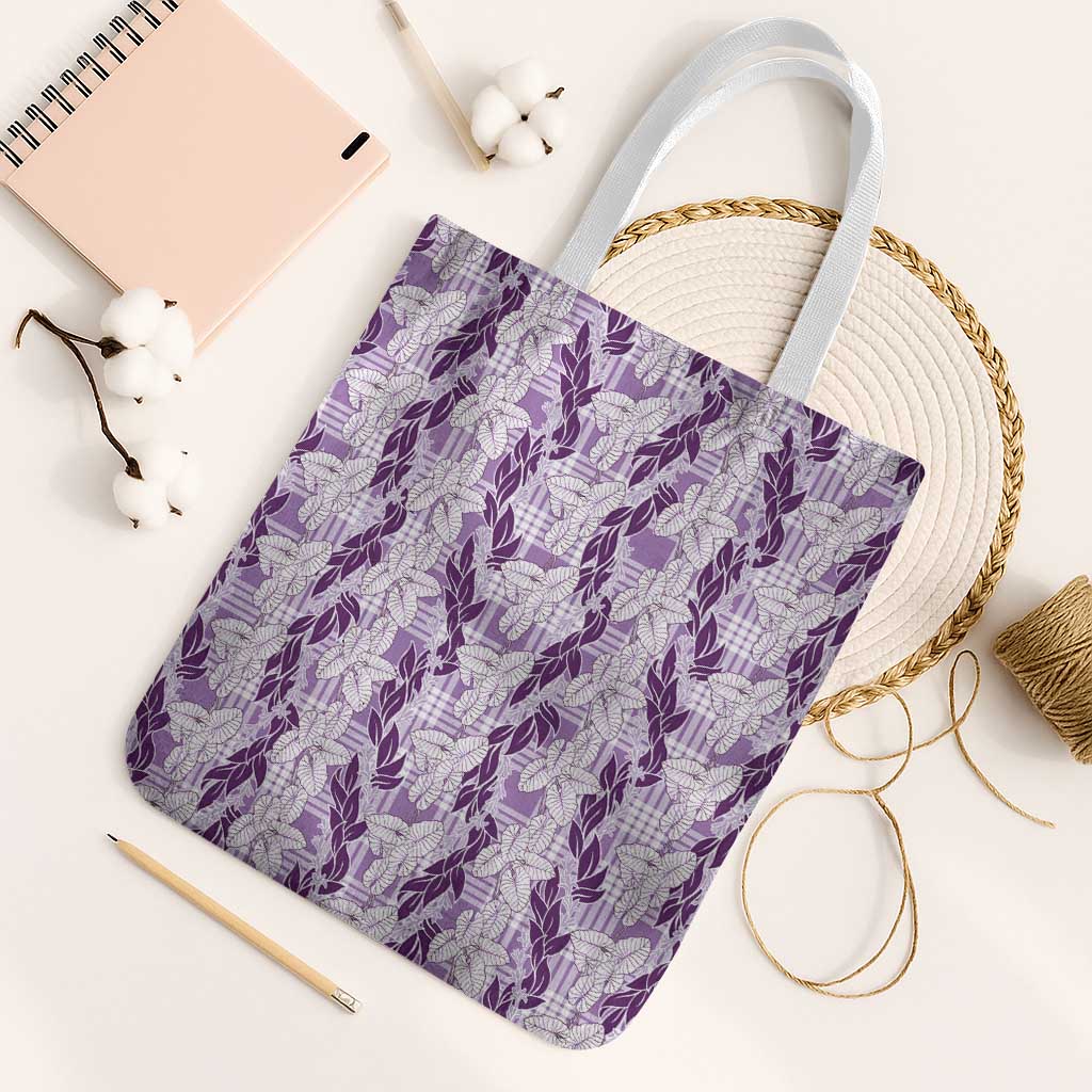 Hawaii Ti Leaf Maile Tuberose Lei Tote Bag With Hanalei Leaf Purple LT05 White Strap One Size Purple - Polynesian Pride