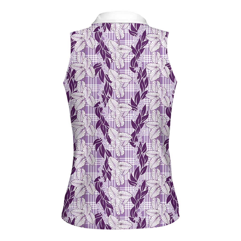 Hawaii Ti Leaf Maile Tuberose Lei Women Sleeveless Polo Shirt With Hanalei Leaf Purple LT05 - Polynesian Pride