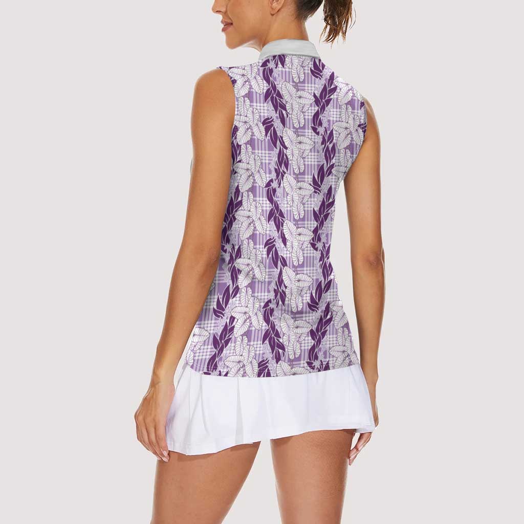 Hawaii Ti Leaf Maile Tuberose Lei Women Sleeveless Polo Shirt With Hanalei Leaf Purple LT05 - Polynesian Pride