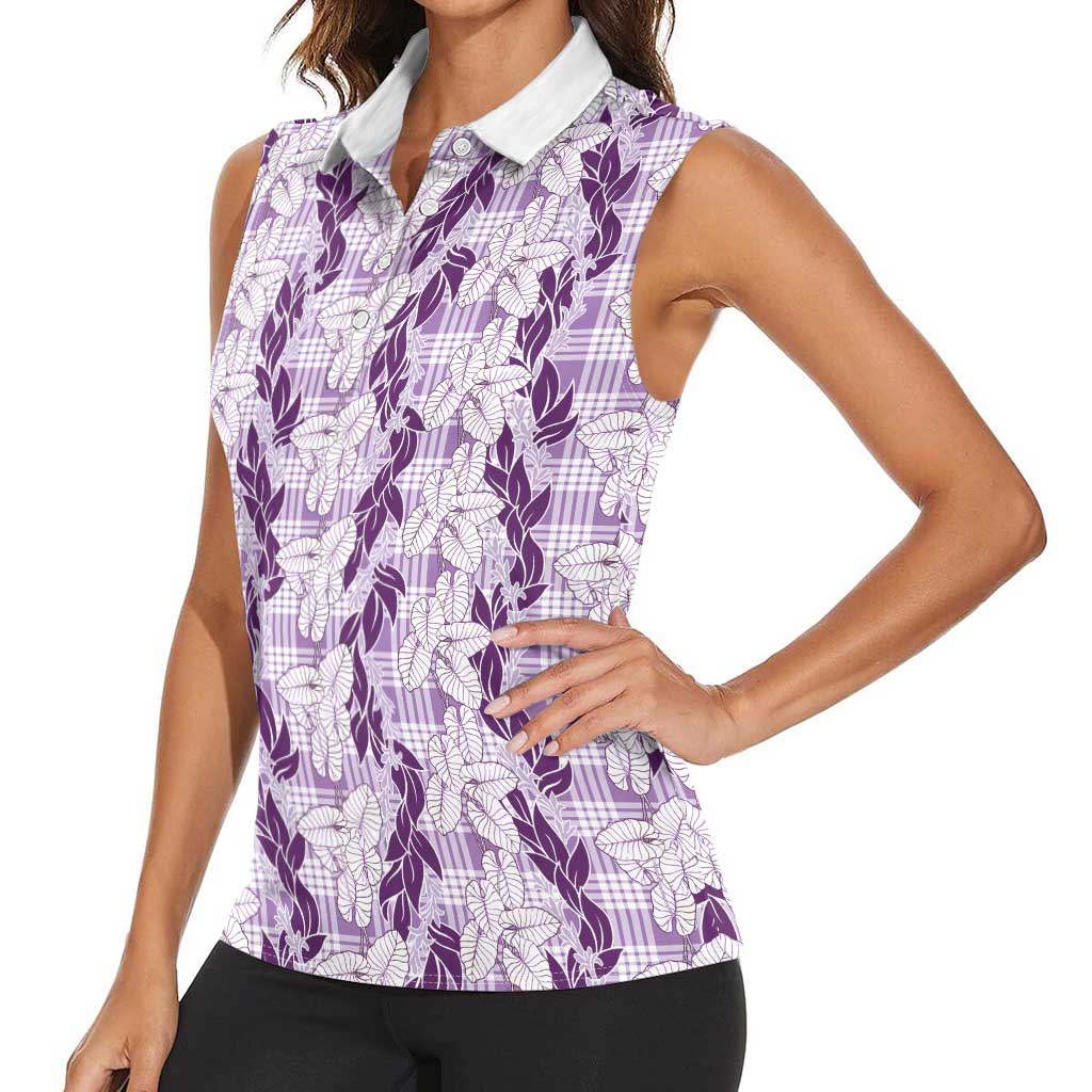 Hawaii Ti Leaf Maile Tuberose Lei Women Sleeveless Polo Shirt With Hanalei Leaf Purple LT05 - Polynesian Pride