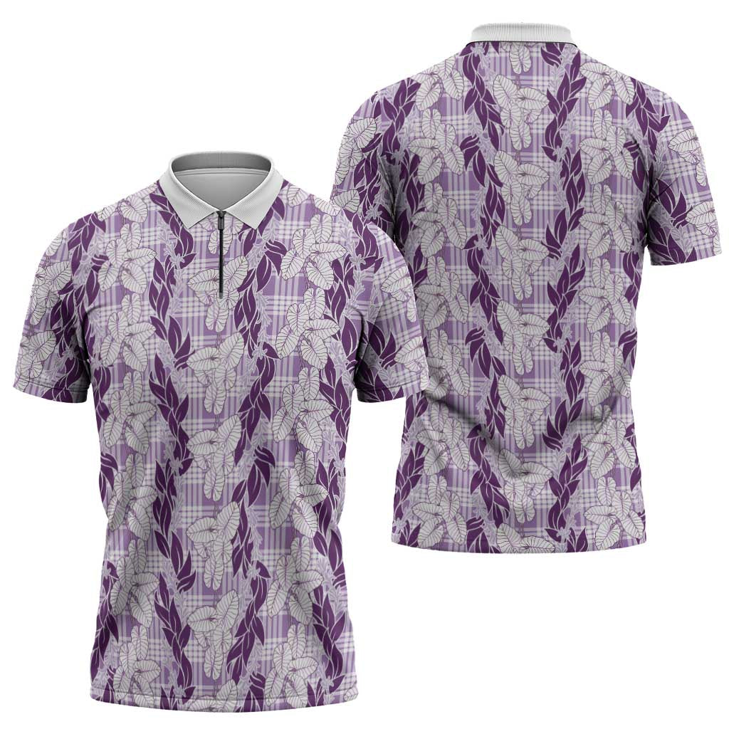 Hawaii Ti Leaf Maile Tuberose Lei Zipper Polo Shirt With Hanalei Leaf Purple LT05 - Polynesian Pride