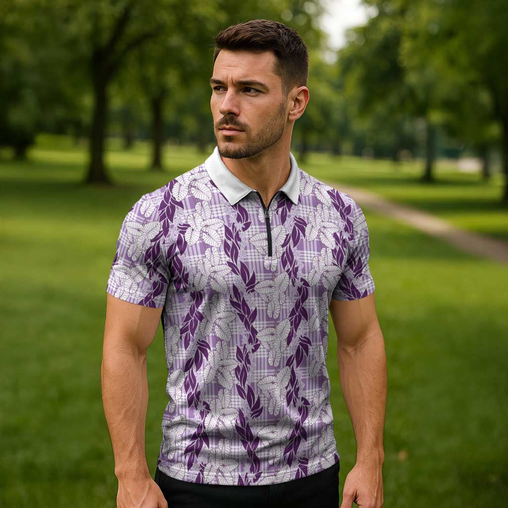 Hawaii Ti Leaf Maile Tuberose Lei Zipper Polo Shirt With Hanalei Leaf Purple LT05 - Polynesian Pride
