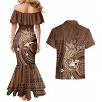 Samoa Tatau Marlin Couples Matching Mermaid Dress and Hawaiian Shirt With Siapo Motifs Brown LT05 - Polynesian Pride