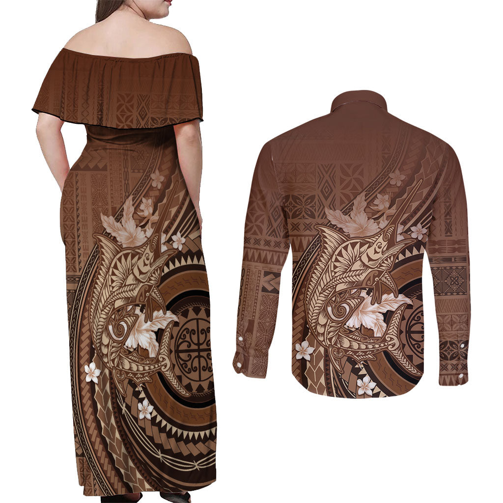 Samoa Tatau Marlin Couples Matching Off Shoulder Maxi Dress and Long Sleeve Button Shirt With Siapo Motifs Brown