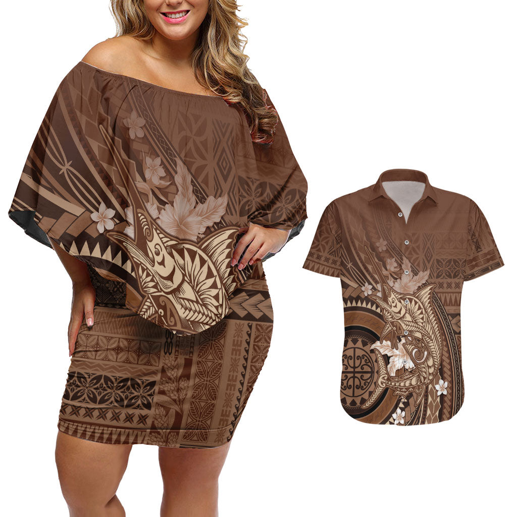 Samoa Tatau Marlin Couples Matching Off Shoulder Short Dress and Hawaiian Shirt With Siapo Motifs Brown