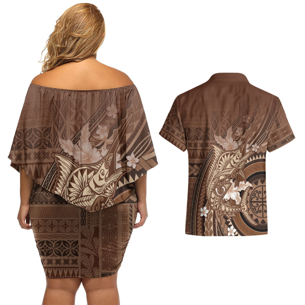 Samoa Tatau Marlin Couples Matching Off Shoulder Short Dress and Hawaiian Shirt With Siapo Motifs Brown LT05 - Polynesian Pride