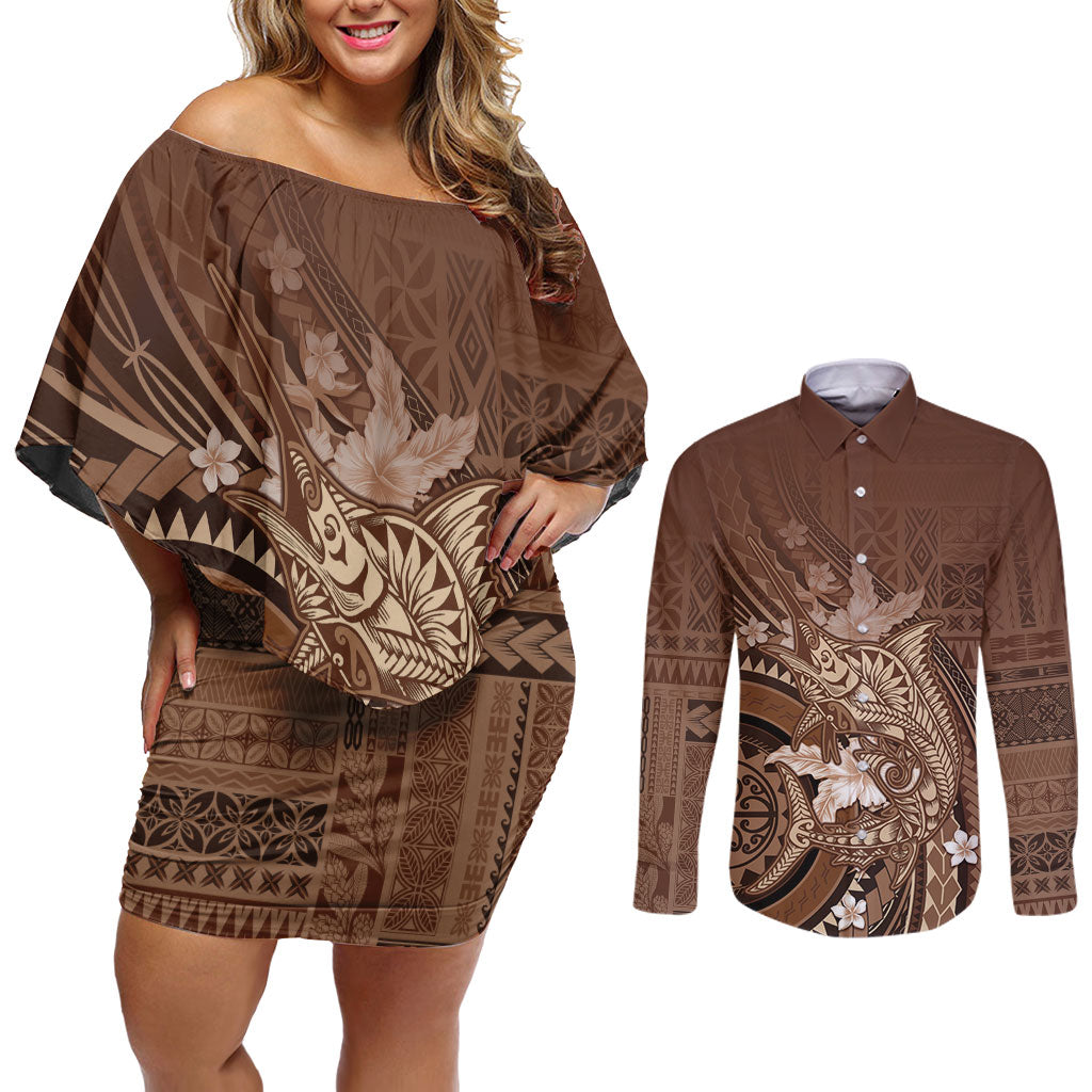 Samoa Tatau Marlin Couples Matching Off Shoulder Short Dress and Long Sleeve Button Shirt With Siapo Motifs Brown