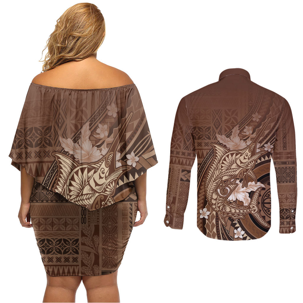 Samoa Tatau Marlin Couples Matching Off Shoulder Short Dress and Long Sleeve Button Shirt With Siapo Motifs Brown