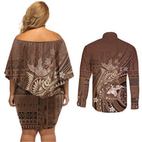 Samoa Tatau Marlin Couples Matching Off Shoulder Short Dress and Long Sleeve Button Shirt With Siapo Motifs Brown