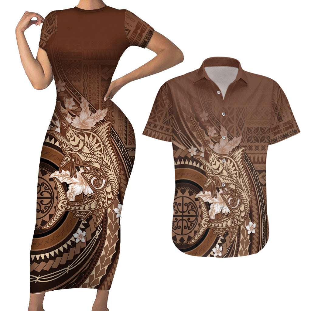 Samoa Tatau Marlin Couples Matching Short Sleeve Bodycon Dress and Hawaiian Shirt With Siapo Motifs Brown LT05 Brown - Polynesian Pride