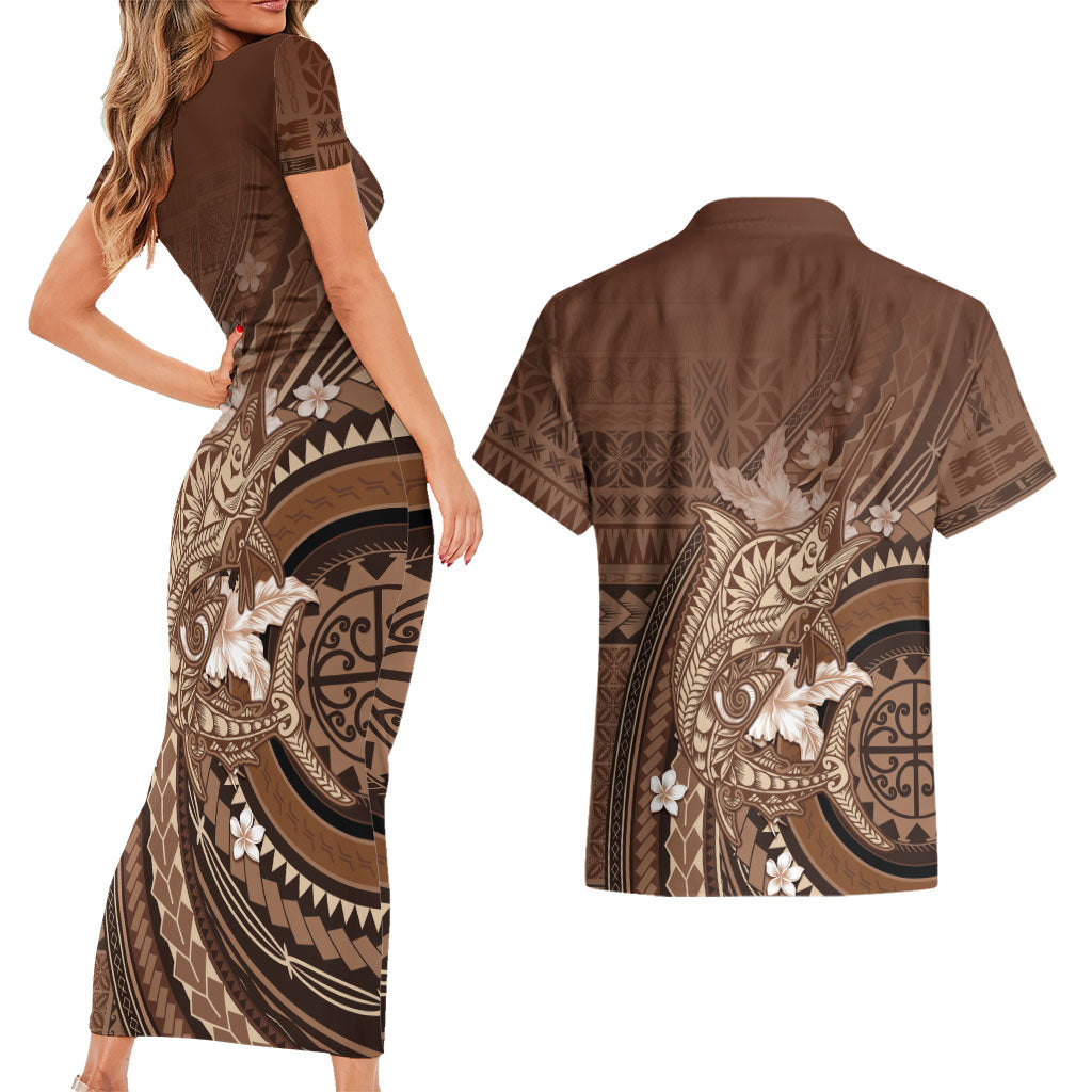 Samoa Tatau Marlin Couples Matching Short Sleeve Bodycon Dress and Hawaiian Shirt With Siapo Motifs Brown LT05 - Polynesian Pride