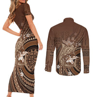 Samoa Tatau Marlin Couples Matching Short Sleeve Bodycon Dress and Long Sleeve Button Shirt With Siapo Motifs Brown LT05 - Polynesian Pride