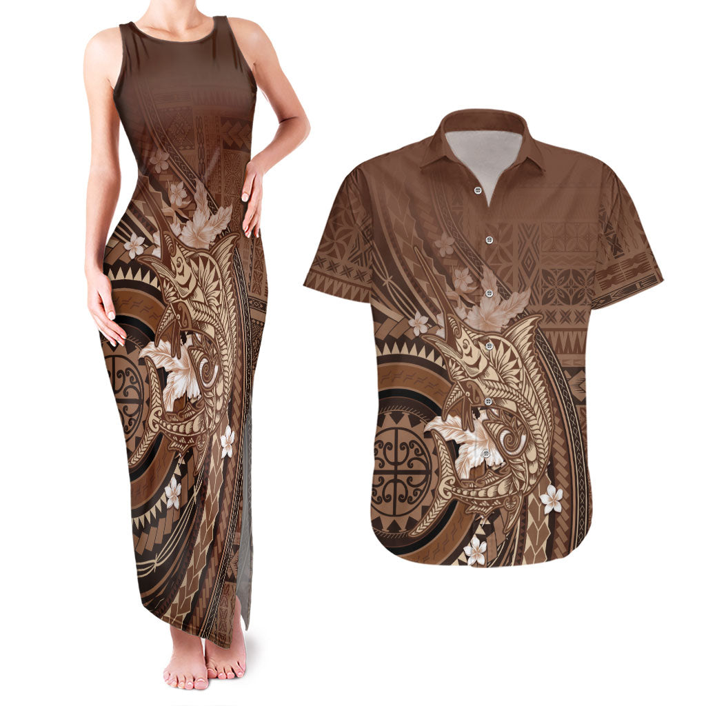 Samoa Tatau Marlin Couples Matching Tank Maxi Dress and Hawaiian Shirt With Siapo Motifs Brown