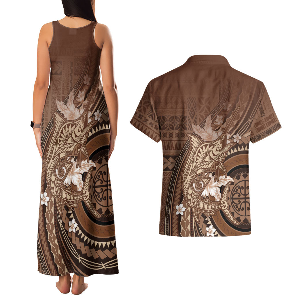 Samoa Tatau Marlin Couples Matching Tank Maxi Dress and Hawaiian Shirt With Siapo Motifs Brown LT05 - Polynesian Pride
