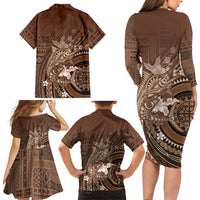 Samoa Tatau Marlin Family Matching Long Sleeve Bodycon Dress and Hawaiian Shirt With Siapo Motifs Brown