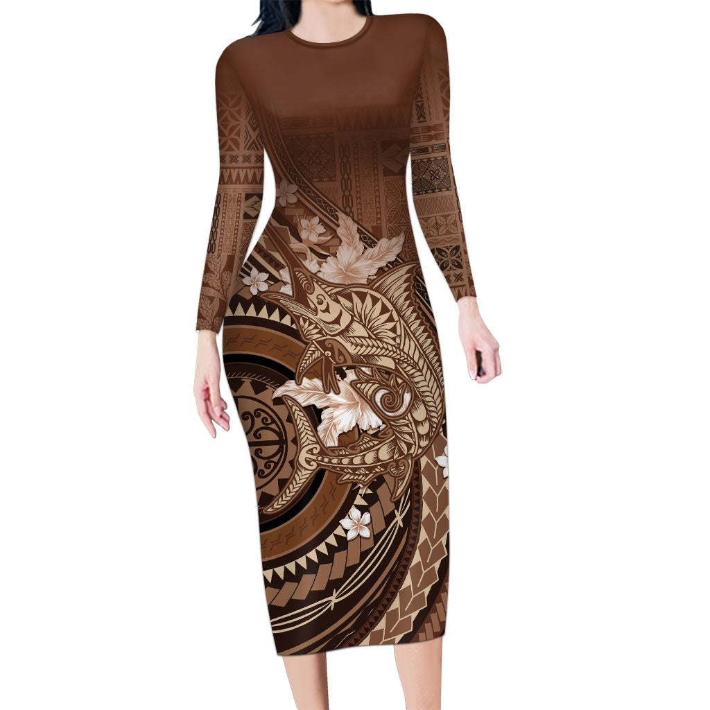 Samoa Tatau Marlin Family Matching Long Sleeve Bodycon Dress and Hawaiian Shirt With Siapo Motifs Brown