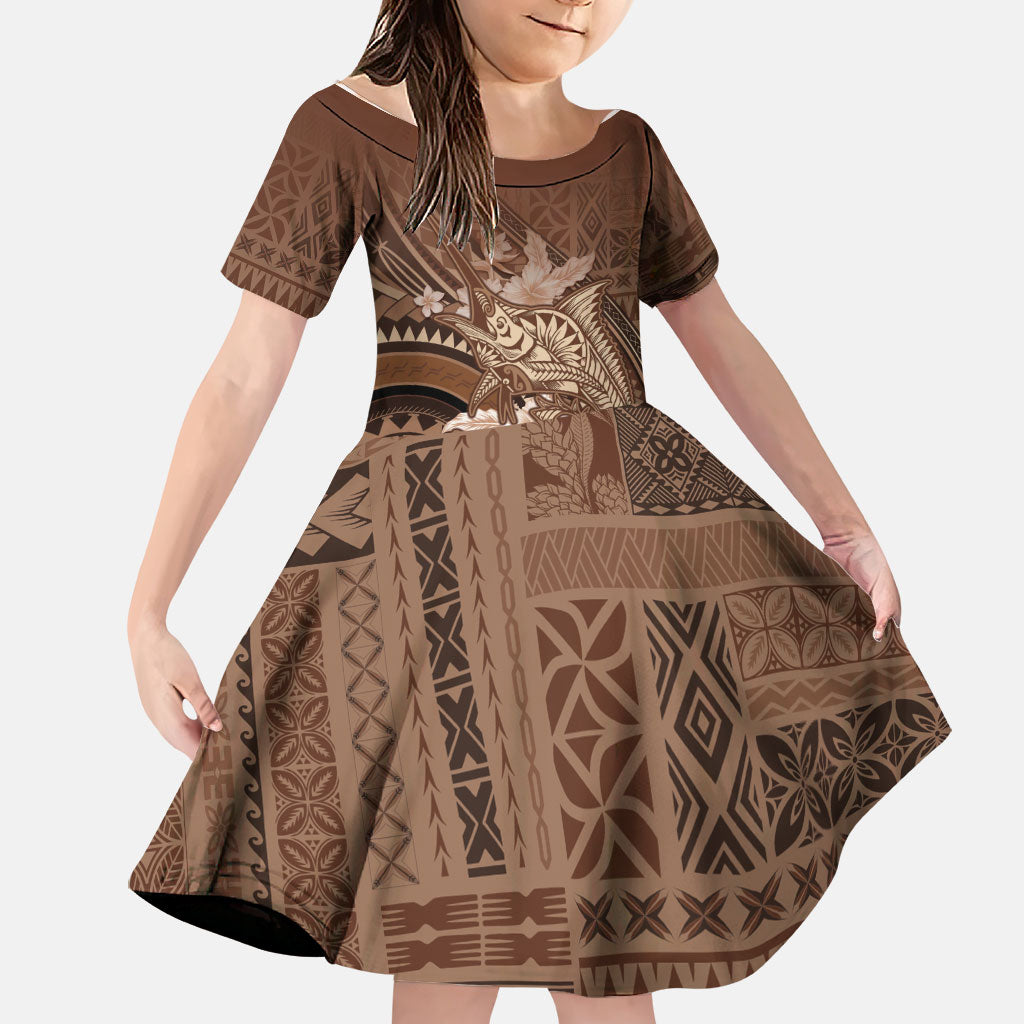 Samoa Tatau Marlin Family Matching Mermaid Dress and Hawaiian Shirt With Siapo Motifs Brown