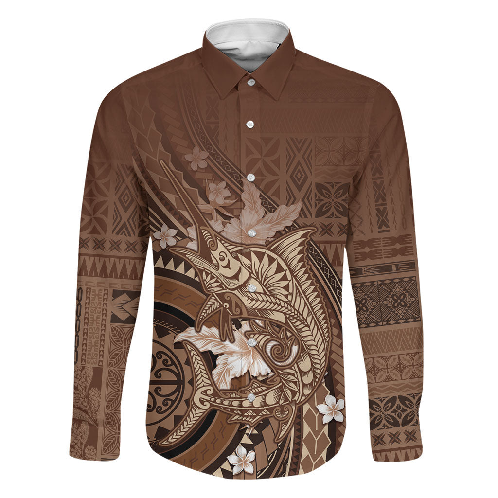 Samoa Tatau Marlin Family Matching Off Shoulder Maxi Dress and Hawaiian Shirt With Siapo Motifs Brown