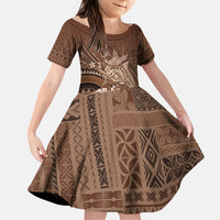 Samoa Tatau Marlin Family Matching Off Shoulder Short Dress and Hawaiian Shirt With Siapo Motifs Brown