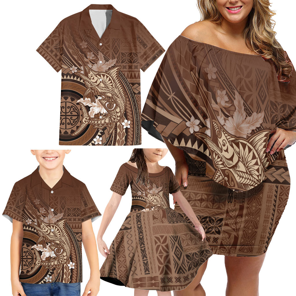 Samoa Tatau Marlin Family Matching Off Shoulder Short Dress and Hawaiian Shirt With Siapo Motifs Brown