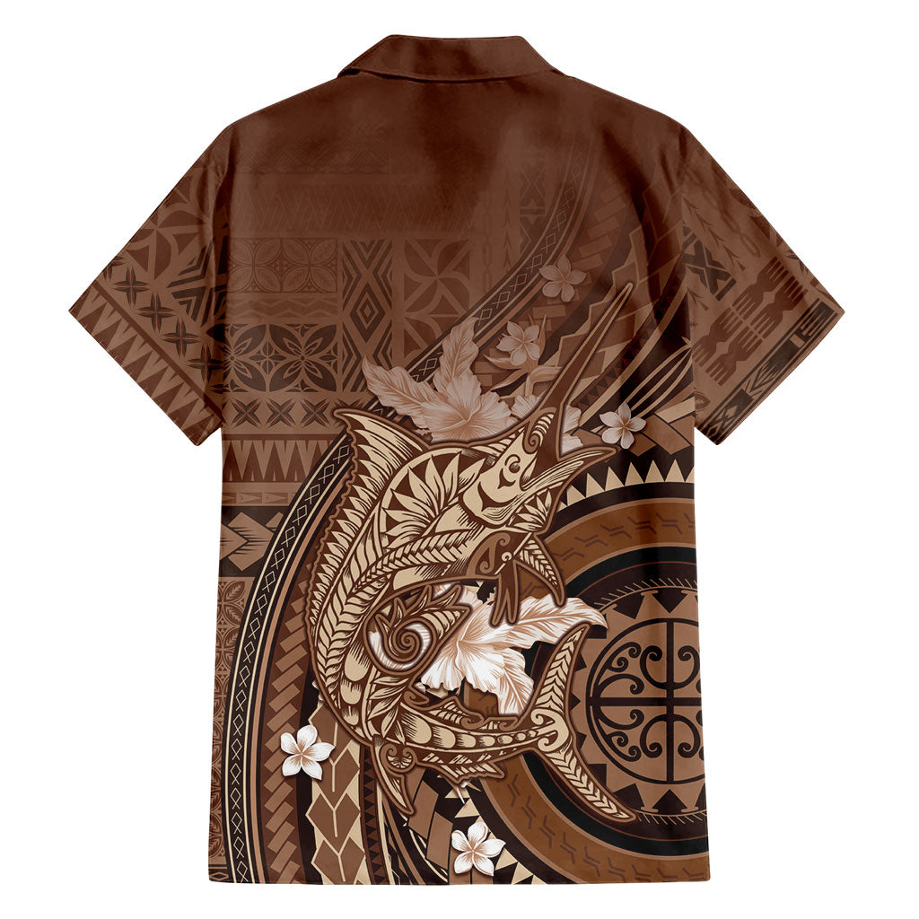 Samoa Tatau Marlin Family Matching Off Shoulder Short Dress and Hawaiian Shirt With Siapo Motifs Brown