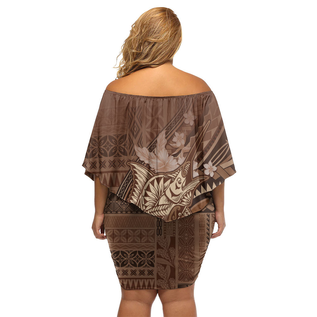 Samoa Tatau Marlin Family Matching Off Shoulder Short Dress and Hawaiian Shirt With Siapo Motifs Brown