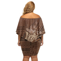 Samoa Tatau Marlin Family Matching Off Shoulder Short Dress and Hawaiian Shirt With Siapo Motifs Brown