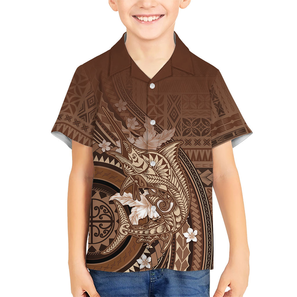 Samoa Tatau Marlin Family Matching Short Sleeve Bodycon Dress and Hawaiian Shirt With Siapo Motifs Brown LT05 Son's Shirt Brown - Polynesian Pride