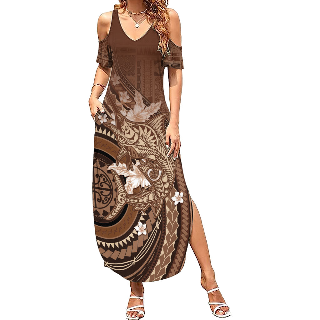 Samoa Tatau Marlin Family Matching Summer Maxi Dress and Hawaiian Shirt With Siapo Motifs Brown