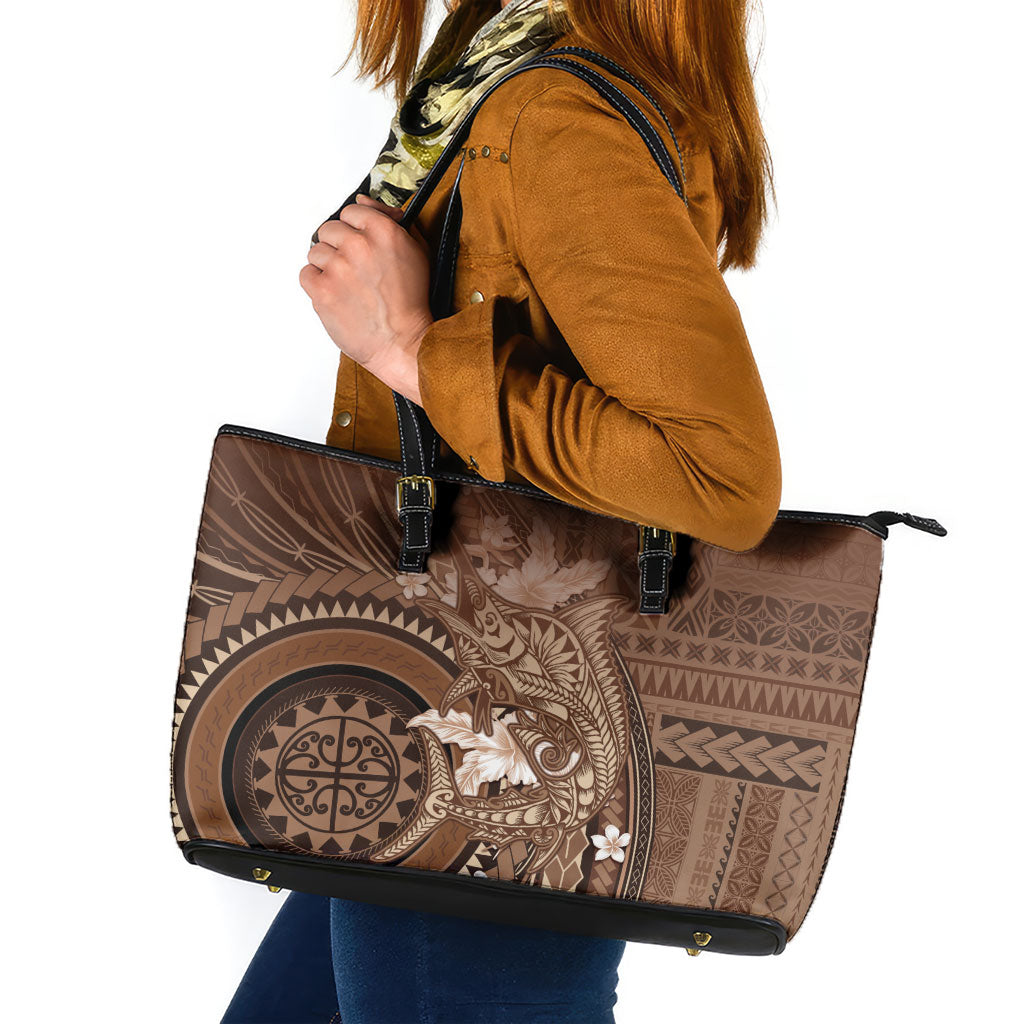 Samoa Tatau Marlin Leather Tote Bag With Siapo Motifs Brown