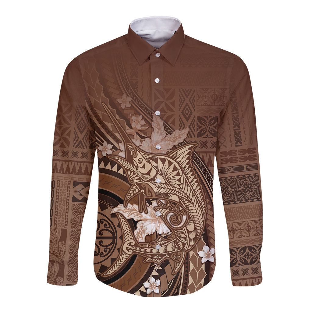 Samoa Tatau Marlin Long Sleeve Button Shirt With Siapo Motifs Brown