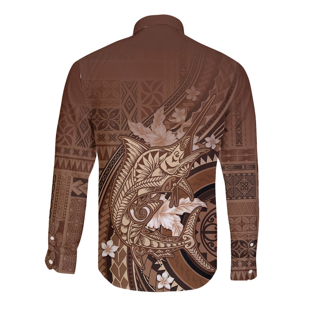 Samoa Tatau Marlin Long Sleeve Button Shirt With Siapo Motifs Brown