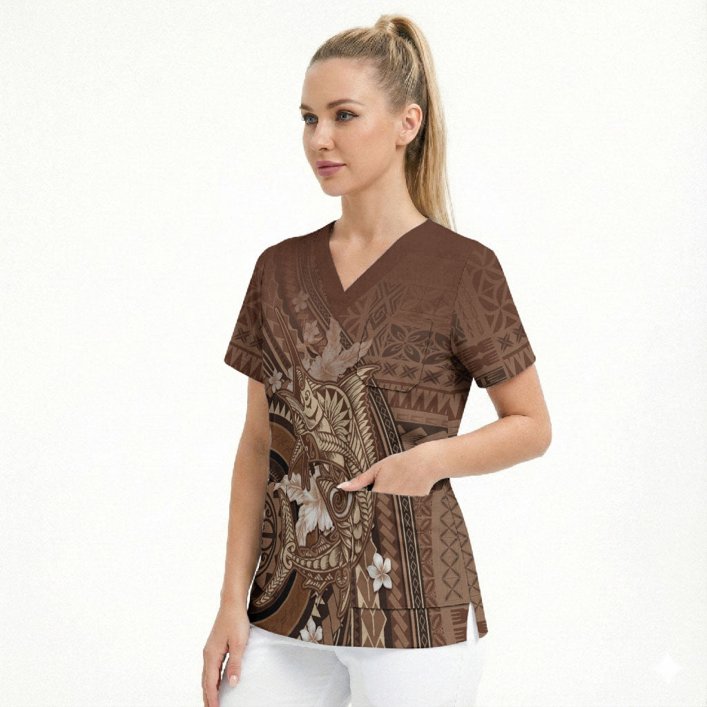 Samoa Tatau Marlin Scrub Top With Siapo Motifs Brown LT05 - Polynesian Pride