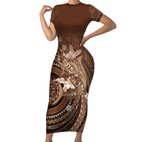 Samoa Tatau Marlin Short Sleeve Bodycon Dress With Siapo Motifs Brown LT05 Long Dress Brown - Polynesian Pride