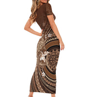 Samoa Tatau Marlin Short Sleeve Bodycon Dress With Siapo Motifs Brown LT05 - Polynesian Pride