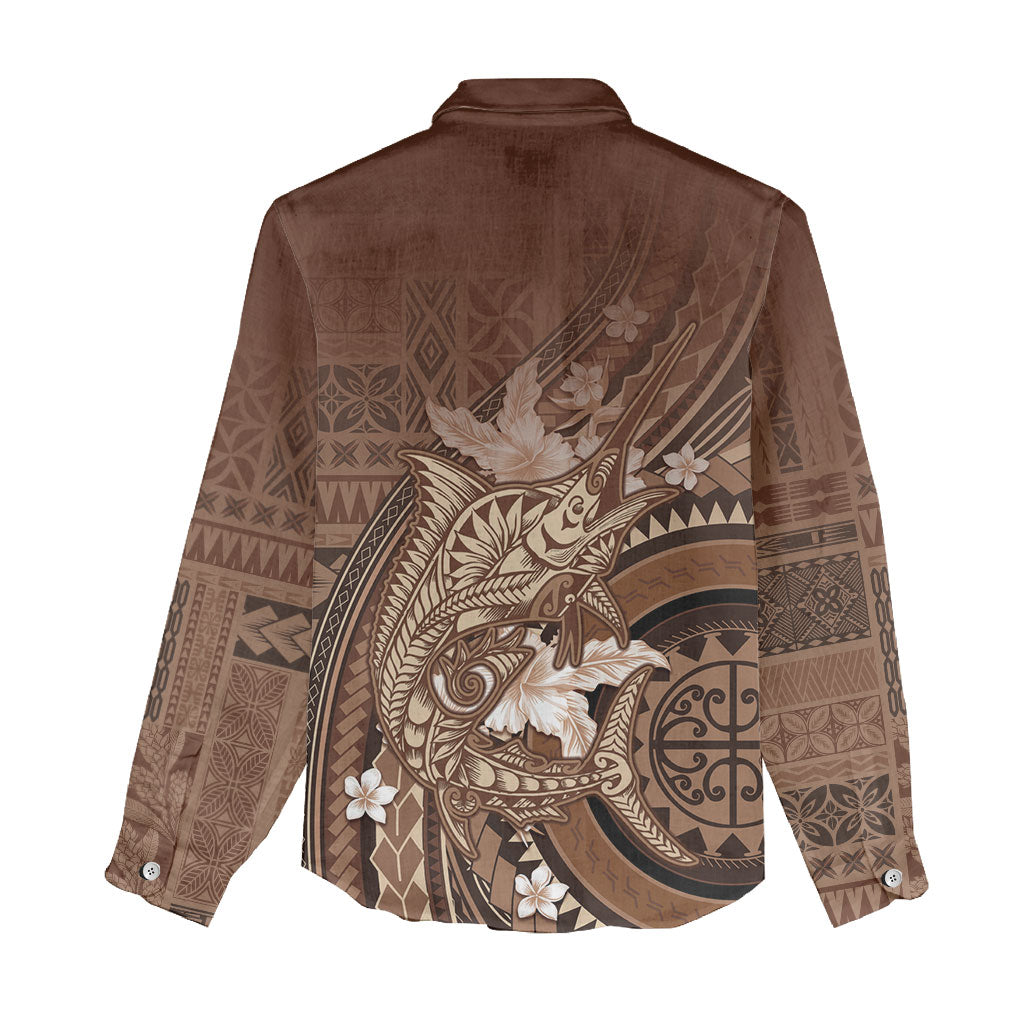 Samoa Tatau Marlin Women Casual Shirt With Siapo Motifs Brown