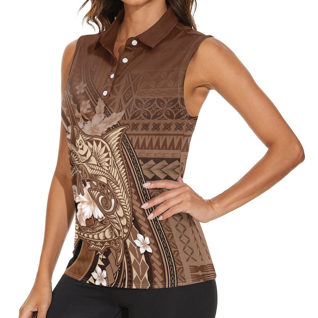 Samoa Tatau Marlin Women Sleeveless Polo Shirt With Siapo Motifs Brown