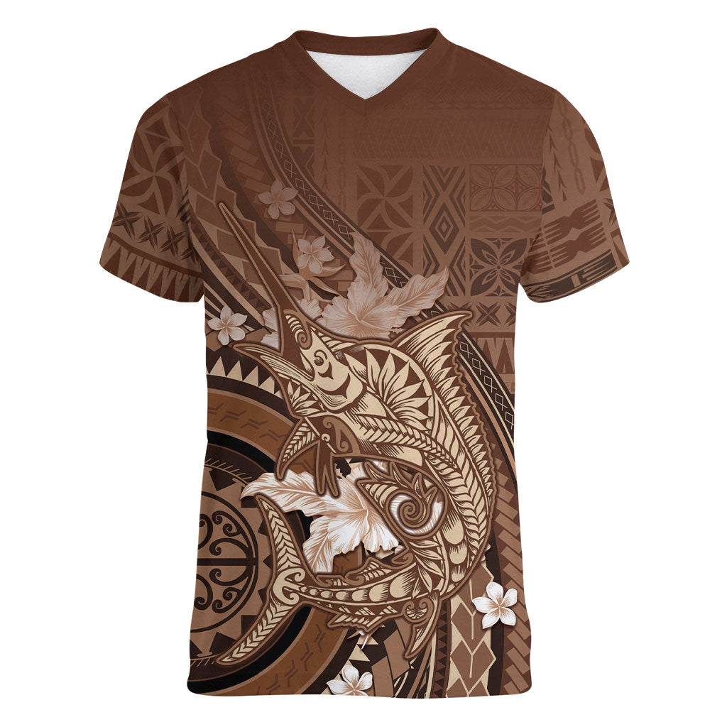 Samoa Tatau Marlin Women V-Neck T-Shirt With Siapo Motifs Brown