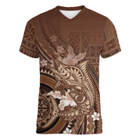 Samoa Tatau Marlin Women V-Neck T-Shirt With Siapo Motifs Brown