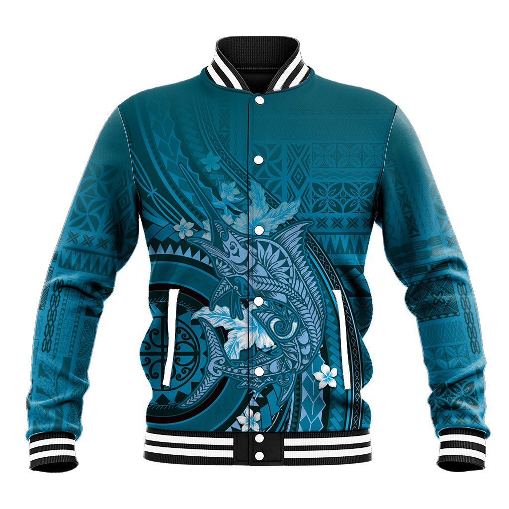 Samoa Tatau Marlin Baseball Jacket With Siapo Motifs Teal