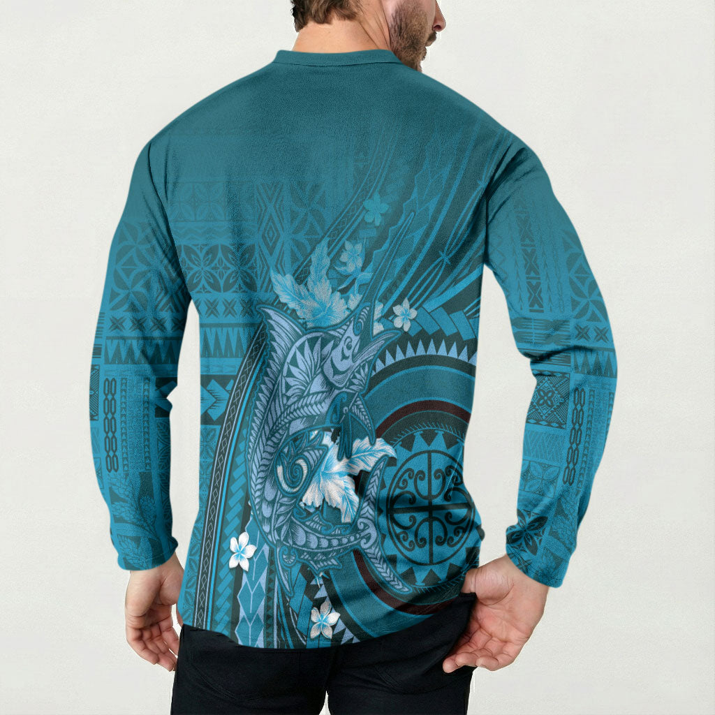Samoa Tatau Marlin Button Sweatshirt With Siapo Motifs Teal LT05 - Polynesian Pride