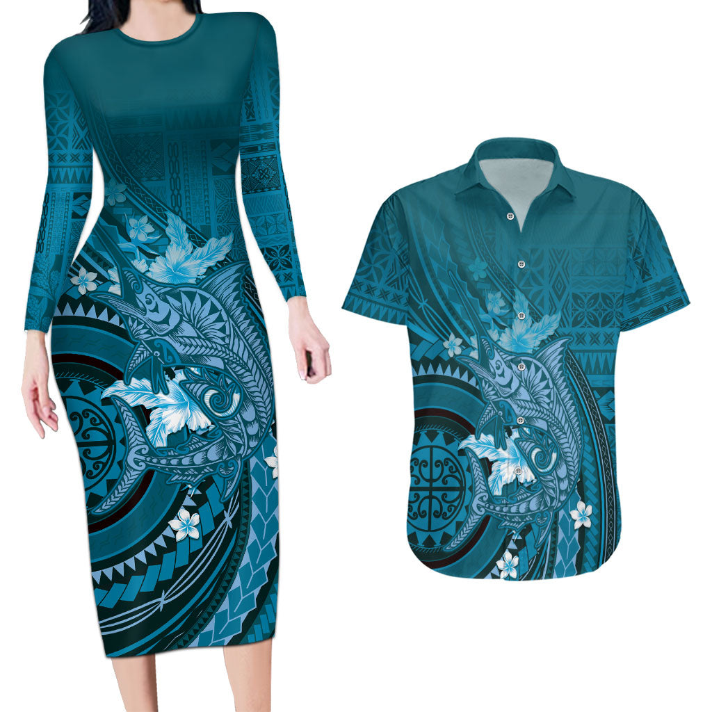 Samoa Tatau Marlin Couples Matching Long Sleeve Bodycon Dress and Hawaiian Shirt With Siapo Motifs Teal LT05 Teal - Polynesian Pride
