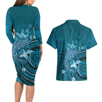 Samoa Tatau Marlin Couples Matching Long Sleeve Bodycon Dress and Hawaiian Shirt With Siapo Motifs Teal LT05 - Polynesian Pride
