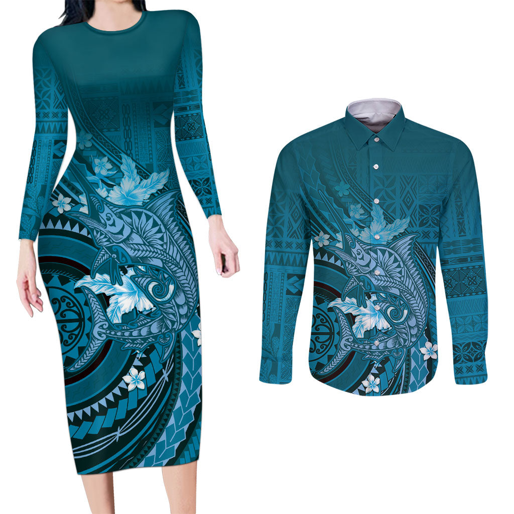 Samoa Tatau Marlin Couples Matching Long Sleeve Bodycon Dress and Long Sleeve Button Shirt With Siapo Motifs Teal