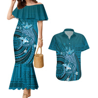 Samoa Tatau Marlin Couples Matching Mermaid Dress and Hawaiian Shirt With Siapo Motifs Teal LT05 Teal - Polynesian Pride