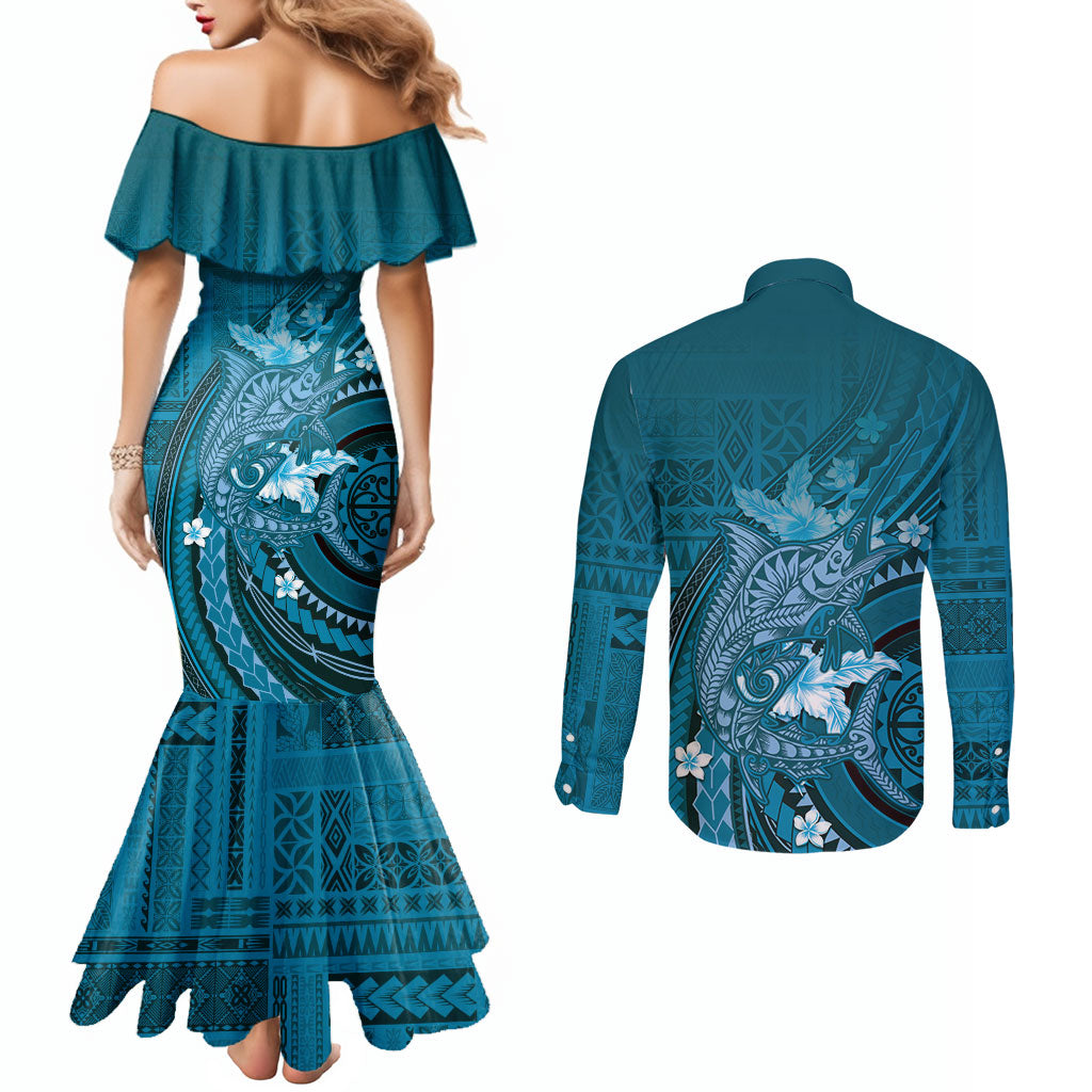 Samoa Tatau Marlin Couples Matching Mermaid Dress and Long Sleeve Button Shirt With Siapo Motifs Teal LT05 - Polynesian Pride