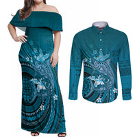Samoa Tatau Marlin Couples Matching Off Shoulder Maxi Dress and Long Sleeve Button Shirt With Siapo Motifs Teal