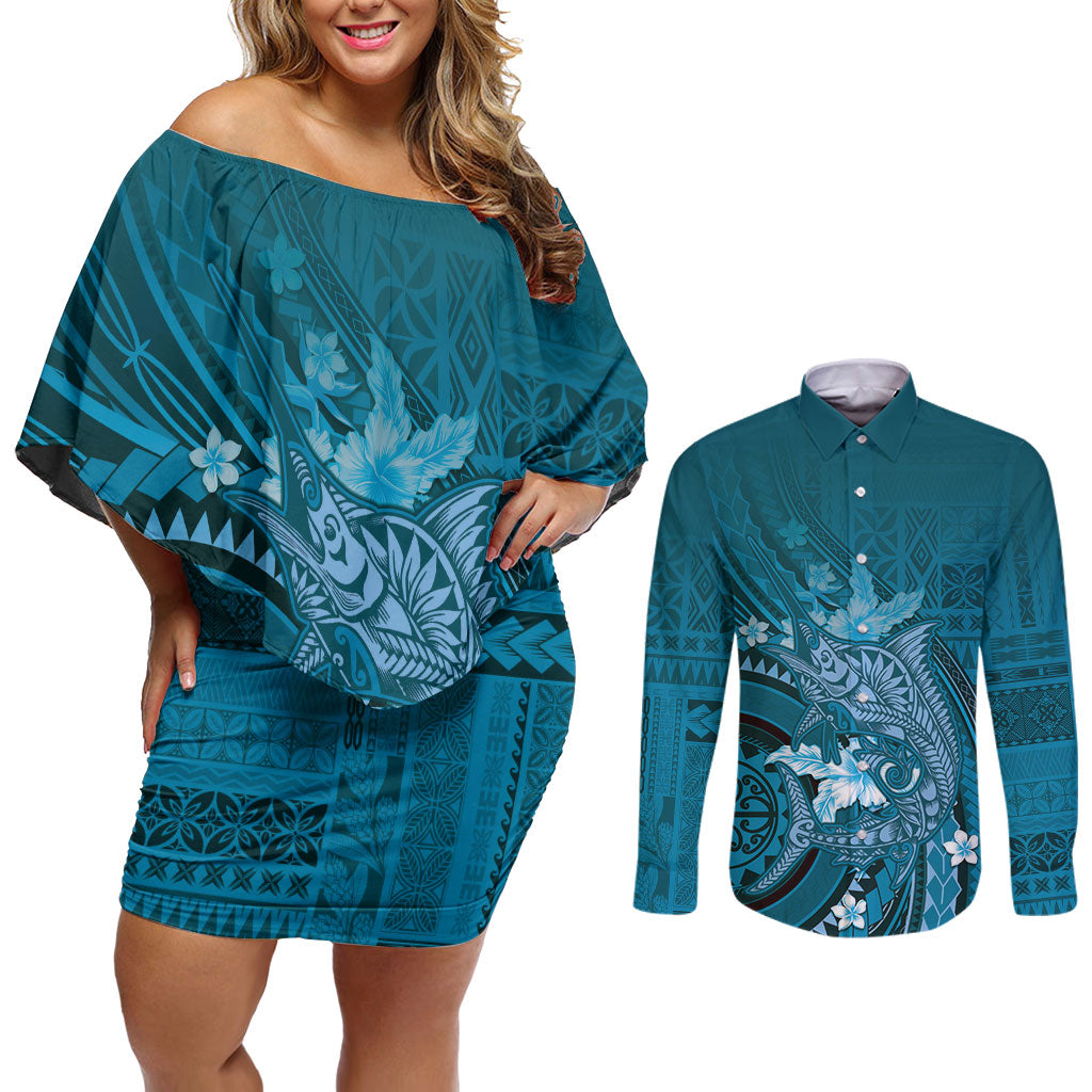 Samoa Tatau Marlin Couples Matching Off Shoulder Short Dress and Long Sleeve Button Shirt With Siapo Motifs Teal
