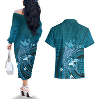 Samoa Tatau Marlin Couples Matching Off The Shoulder Long Sleeve Dress and Hawaiian Shirt With Siapo Motifs Teal LT05 - Polynesian Pride