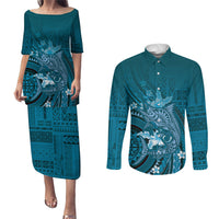 Samoa Tatau Marlin Couples Matching Puletasi and Long Sleeve Button Shirt With Siapo Motifs Teal LT05 Teal - Polynesian Pride